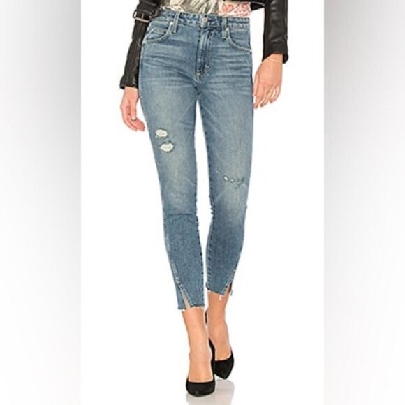 AMO Womens Size 25 High Rise Twist With Fray Jeans in Loverboy Slit Stretch Blue - Picture 1 of 12